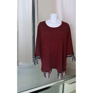 Chenault Popover Top 26/28 Burgundy w/ Contrast 3/4 Sleeve Stretch Tunic Artsy